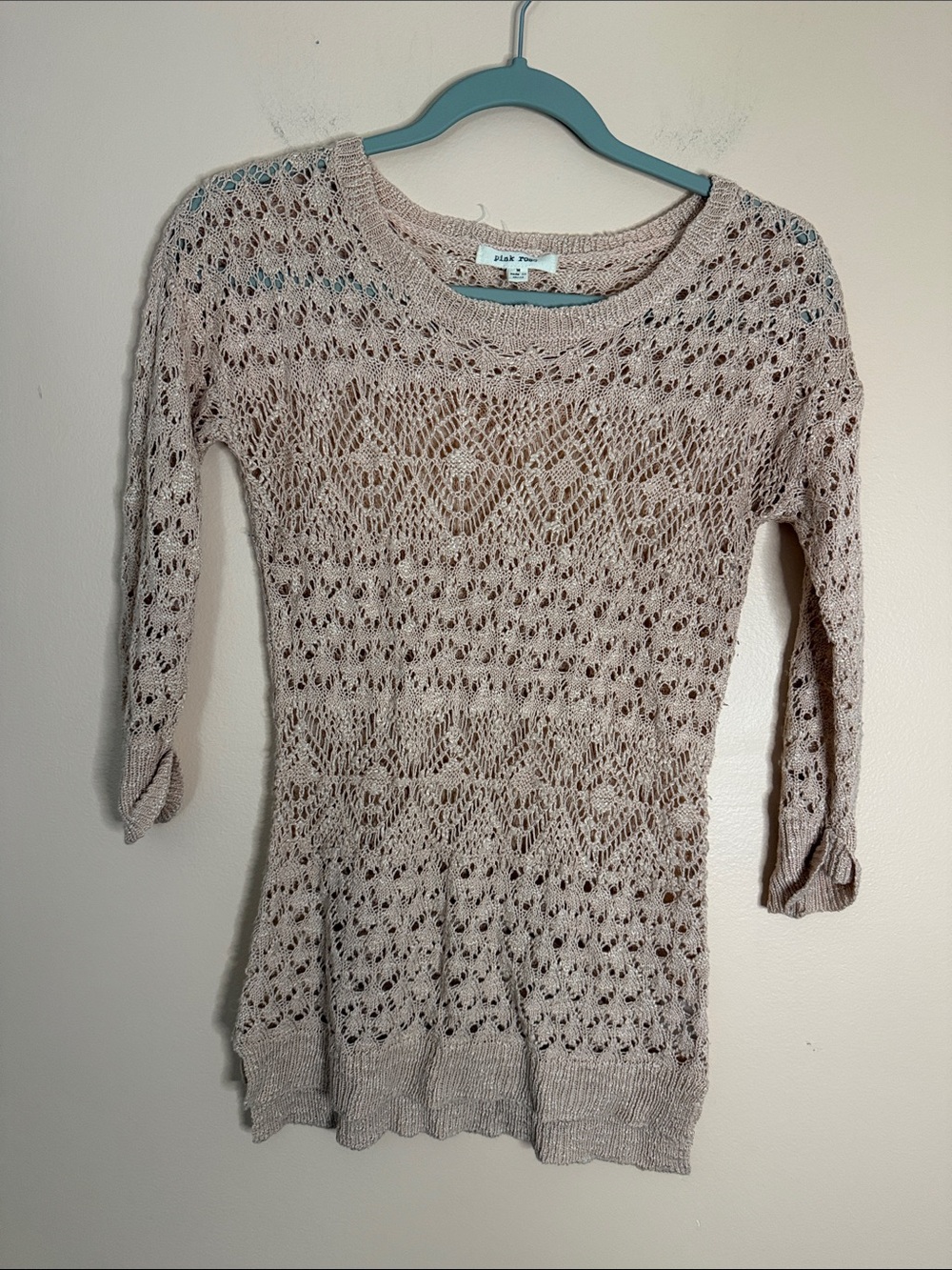 Pink Rose Cream Open-Knit Scoop Neck Sweater